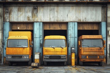 Three Yellow Trucks Parked in Front of a Warehouse