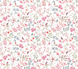 Adobe IllusSeamless pattern with delicate pastel-colored watercolor flowers and leaves on a white background. Soft pinks, greens, and browns create a romantic and airy floral design perftrator Artwork