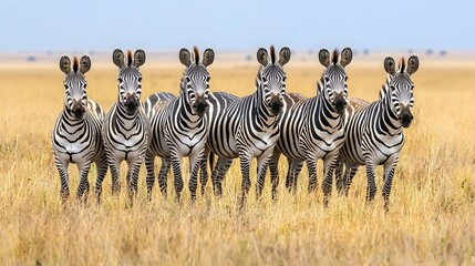 Obraz premium A Herd of Zebras Standing Together on the Arid African Plains with Dry Golden Grasses