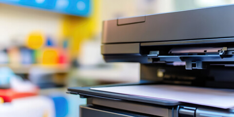 Closeup Electronic office printer in office, digital technology device for printing, copying and scanning fax document