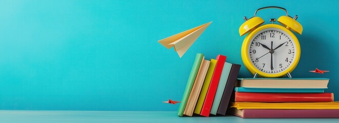 An organized workspace with stacked books a yellow alarm clock and a paper airplane on a vibrant turquoise background suggesting the concepts of education learning time management