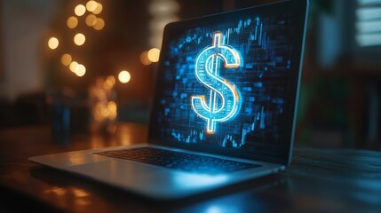 A glowing holographic dollar sign is suspended on a laptop on the desktop, symbolizing the digital economy, online business transactions, and the future of financial technology in the virtual world.