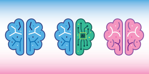 Brain icon. A normal brain and an artificial intelligence brain. Blue, green, and pink colors.