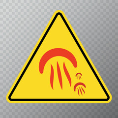 Jellyfish warning sign. A warning sign of the threat of poisonous jellyfish. Red, yellow and black colors. Triangular.
