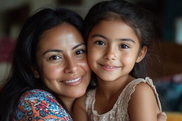 Happy latin mom embracing her little daughter and smiling, loving mommy hugging tight female kid, sitting together on sofa, Generative AI