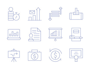 Business icons. Thin Line style, editable stroke. strategy, analytics, agenda, briefcase, loan, laptop, investment, certificate, prioritize, presentation, stats, stamp