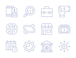 Business icons. Thin Line style, editable stroke. swot analysis, film-budget, briefcase, bill, bank, approach, money, planning, pie chart, research, repeat