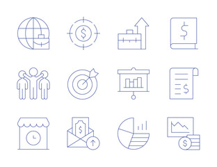 Business icons. Thin Line style, editable stroke. target, bookkeeping, bill, leadership, international business, professional, presentation, pie chart, personal, shop, salary