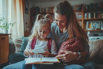 Young mother helping daughter to get ready for school, helping her with backpack and books, sitting on sofa at home interior, Generative AI