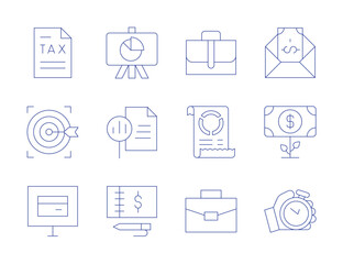 Business icons. Thin Line style, editable stroke. tax, target, suitcase, stopwatch, briefcase, bill, money, invoice, checkbook, results, report