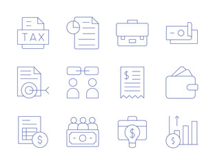 Business icons. Thin Line style, editable stroke. tax, target, suitcase, statistics, briefcase, bill, money, invoice, funds, report, relationship