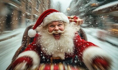 Excited Santa rides magically through snowy streets