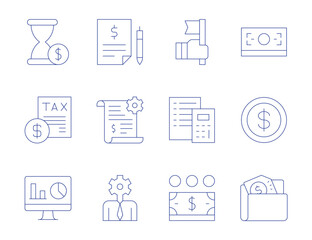 Business icons. Thin Line style, editable stroke. time is money, tax, business intelligence, money, folder, success, calculator, quote request, development