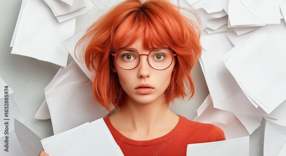 Wall mural confident and stylish young woman with vibrant red hair and eyeglasses posing in a minimalist office