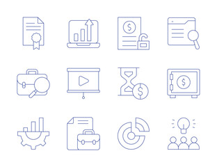 Business icons. Thin Line style, editable stroke. unsecured loan, time is money, improvement, improve, idea, portfolio, pie chart, job seeker, file, presentation, search, safebox