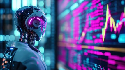 Cutting edge digital finance and market data visualization displayed on a futuristic robotic intelligence interface with neon colors and abstract aesthetics