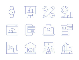 Business icons. Thin Line style, editable stroke. wristwatch, website, bar chart, bank, analysis, accounting, meeting, infographic, pencil, online payment, statistics