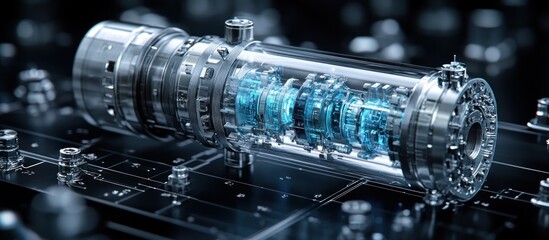 A close-up of a futuristic metallic cylinder with gears visible inside, surrounded by a circuit board.