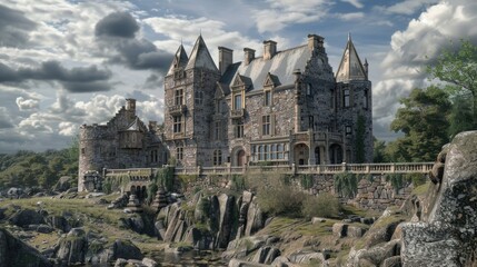 A large castle sits atop a lush green hillside, surrounded by trees and nature