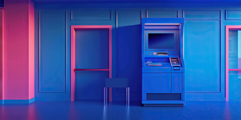 A vibrant cobalt blue bank ATM kiosk, allowing customers to conduct transactions 24/7 in a secure and convenient manner.