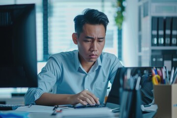 A person sitting at a desk with a laptop open, possibly working or browsing
