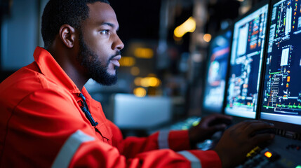 focused technician in orange jumpsuit operates multiple screens in control room, showcasing advanced technology and monitoring systems. atmosphere is intense and professional