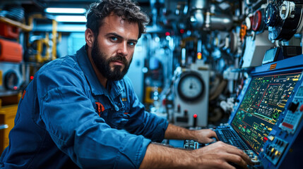 focused technician operates advanced equipment in offshore control room, surrounded by intricate machinery and monitoring systems. environment reflects high tech industrial setting