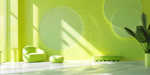 A modern lime green bank wall mural, featuring abstract shapes and soothing hues to create a calming atmosphere.