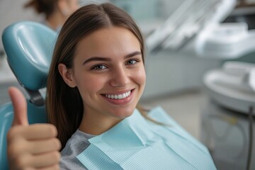 Beautiful happy female patient showing thumb up after dental treatment, sitting in chair in modern stomatologic clinic after check up, Generative AI