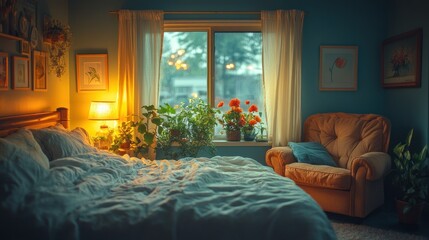 A cozy bedroom with a large window, a bed with a blue blanket, a brown armchair, and several houseplants.