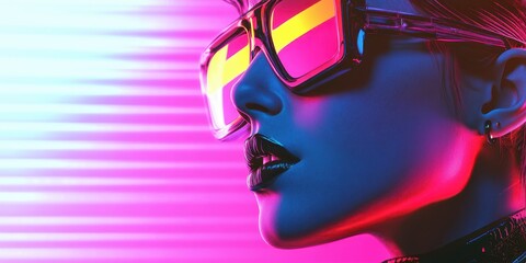 Obraz premium A vibrant portrait of a stylish person wearing futuristic sunglasses against a colorful neon backdrop, exuding modern urban fashion.