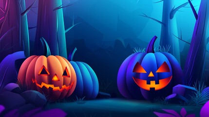 A vibrant Halloween scene featuring carved pumpkins in a dark, mystical forest with glowing faces and a colorful night sky.