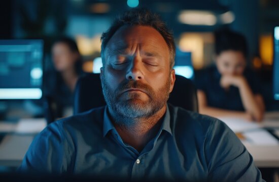 Hardworking businessman sitting alone at his desk in a dimly lit office at night lost in deep thought as he contemplates solutions to a challenging problem or project