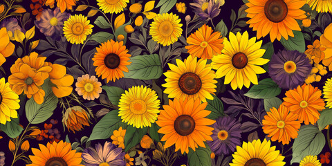 Art Deco Sunflower and Marigold Floral Pattern