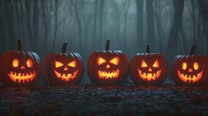 Spooky Halloween scene featuring five carved pumpkins glowing in the dark, set against a misty forest background.