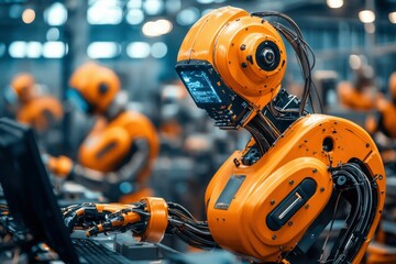 Fototapeta premium A Humanoid Robot Working on a Laptop in a Factory Setting