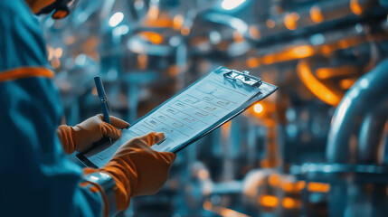 A worker in an industrial setting fills out a checklist on a clipboard.