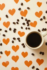 Obraz premium A cup of coffee surrounded by coffee beans and hearts