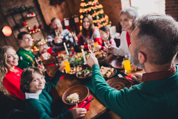 Portrait of peaceful big family drink champagne enjoy celebrate new year xmas flat indoors