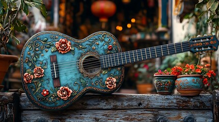 Blue Guitar Adorned with Colorful Flowers