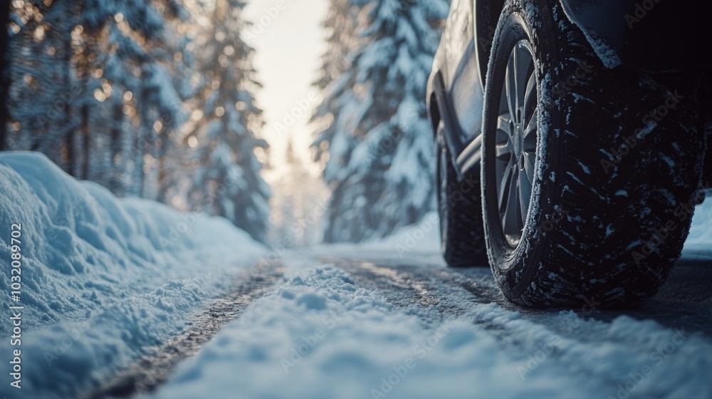 Poster A vehicle rests on the snowy side of a road surrounded by tall trees blanketed in snow, capturing the tranquility of a winter scene at dawn. The path is partially visible, inviting exploration.