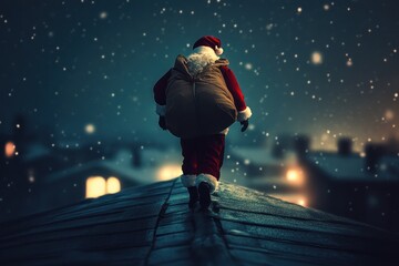 Santa rooftop journey in snowy winter night.
