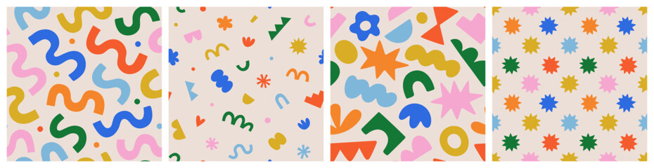 Fun colorful seamless pattern collection. Creative abstract geometric shape background for children or trendy design with collage shapes. Simple and playful doodle wallpaper print set.