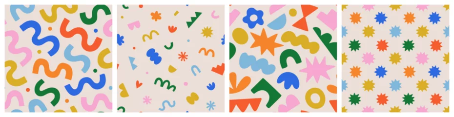 Fun colorful seamless pattern collection. Creative abstract geometric shape background for children or trendy design with collage shapes. Simple and playful doodle wallpaper print set.