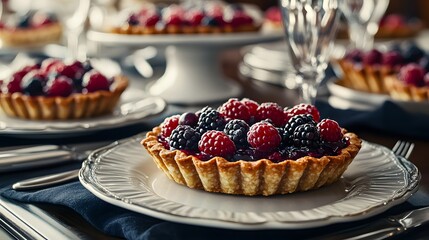 A close-up of berry tarts on elegant plates, showcasing a delicious dessert display.