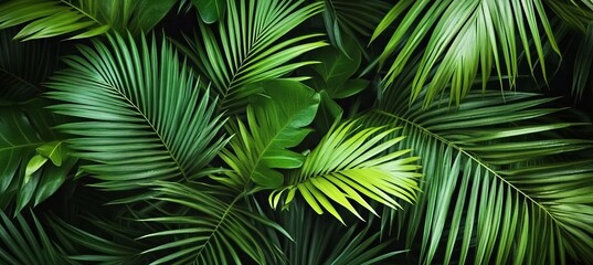 Tropical Background, Lush Green Palm Leaves Texture, Abstract Natural Pattern, Nature Background