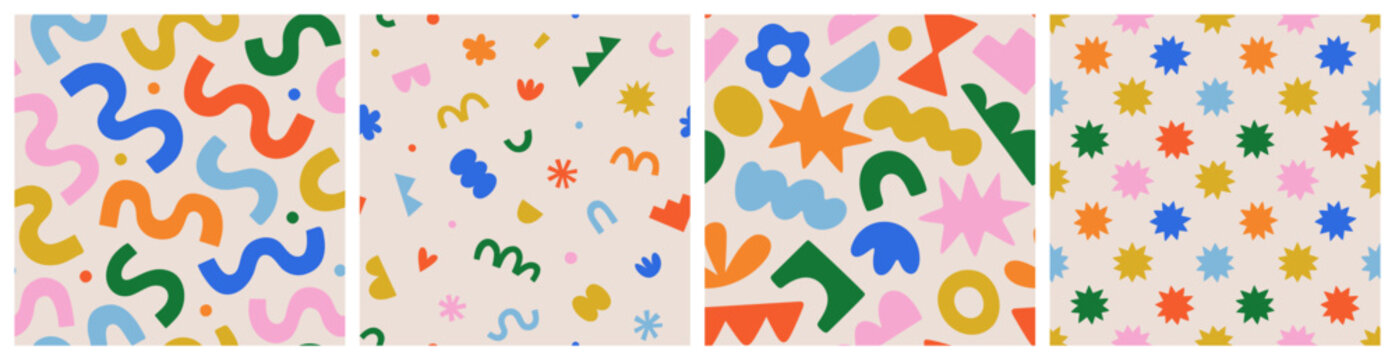 Fototapeta Fun colorful seamless pattern collection. Creative abstract geometric shape background for children or trendy design with collage shapes. Simple and playful doodle wallpaper print set.