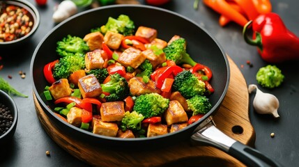 Stir Fried Tofu and Vibrant Vegetables like Broccoli and Bell Pepper Cooked in a Pan on a Dark Rustic Background  Healthy Vegetarian and Nourishing Meal Idea