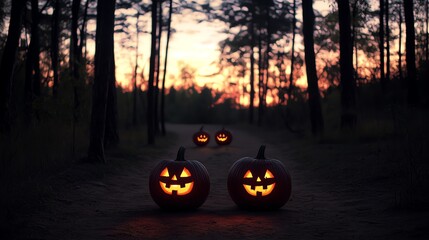 A spooky Halloween scene featuring glowing jack-o'-lanterns along a dimly lit forest path at sunset.