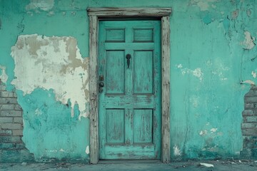 A worn-out brick wall with peeling paint alongside a green door, great for background or setting the scene